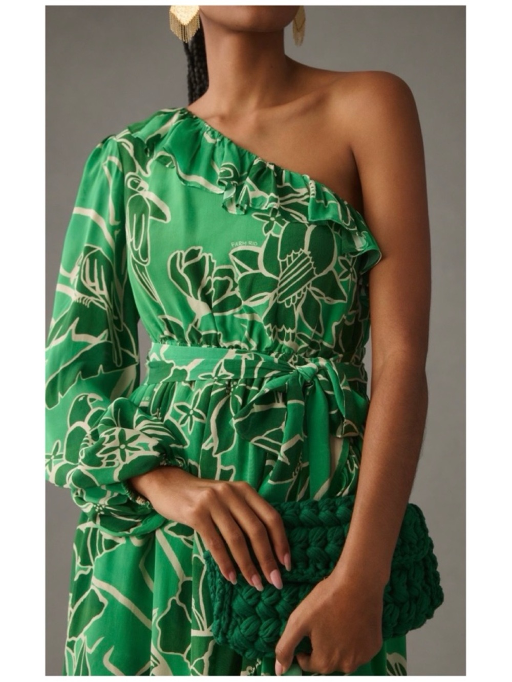 NWOT Anthropologie Farm Rio Printed One Shoulder Ruffle Dress in Living Nature M - Picture 4 of 16